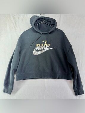 Womens Nike Rally Clash Crop Hoodie Size L Black/Silver/Gold Metallic Athletic